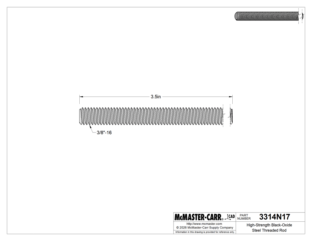 Technical Drawing of High-Strength Black-Oxide Steel Threaded Rod, 3/8"-16 Thread Size, 3-1/2" Long.